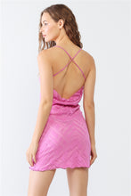 Load image into Gallery viewer, Fuchsia Geo Mesh Print Sleeveless Strappy Criss-Cross Open Back Mini Dress