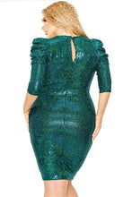 Load image into Gallery viewer, Plus Metallic Sequins 3/4 Puff Sleeve Midi Dress