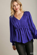 Load image into Gallery viewer, Satin V-Neck Ruffle Baby Doll Top With Cuffed Long Sleeve