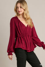 Load image into Gallery viewer, Satin V-Neck Ruffle Baby Doll Top With Cuffed Long Sleeve