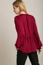 Load image into Gallery viewer, Satin V-Neck Ruffle Baby Doll Top With Cuffed Long Sleeve
