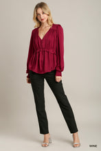 Load image into Gallery viewer, Satin V-Neck Ruffle Baby Doll Top With Cuffed Long Sleeve