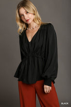 Load image into Gallery viewer, Satin V-Neck Ruffle Baby Doll Top With Cuffed Long Sleeve