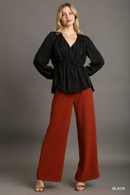 Load image into Gallery viewer, Satin V-Neck Ruffle Baby Doll Top With Cuffed Long Sleeve