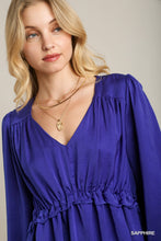 Load image into Gallery viewer, Satin V-Neck Ruffle Baby Doll Top With Cuffed Long Sleeve