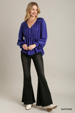 Load image into Gallery viewer, Satin V-Neck Ruffle Baby Doll Top With Cuffed Long Sleeve
