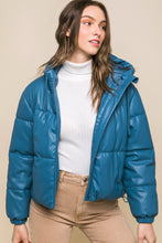 Load image into Gallery viewer, Pu Faux Leather Zipper Hooded Puffer Jacket