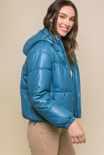 Load image into Gallery viewer, Pu Faux Leather Zipper Hooded Puffer Jacket
