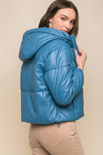 Load image into Gallery viewer, Pu Faux Leather Zipper Hooded Puffer Jacket