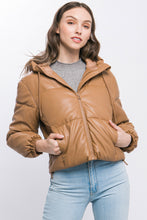 Load image into Gallery viewer, Pu Faux Leather Zipper Hooded Puffer Jacket