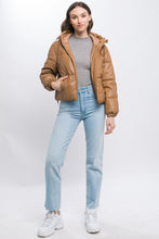 Load image into Gallery viewer, Pu Faux Leather Zipper Hooded Puffer Jacket