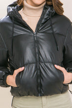 Load image into Gallery viewer, Pu Faux Leather Zipper Hooded Puffer Jacket