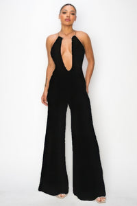 Slinky Wide Leg Jumpsuit w/Metal Choker Neckline