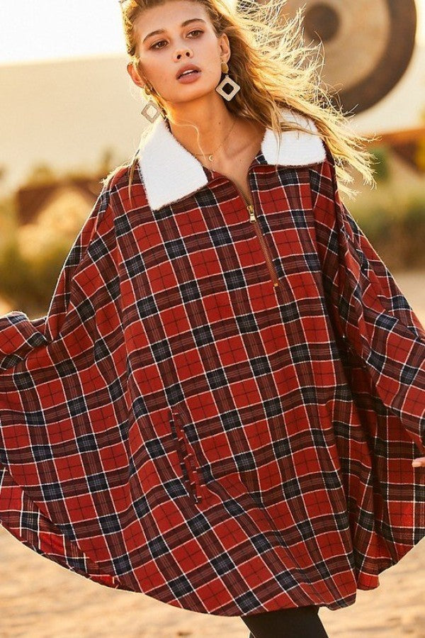 Plaid Poncho With Zipper Contrast Inside Front Pocket