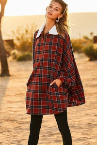 Plaid Poncho With Zipper Contrast Inside Front Pocket