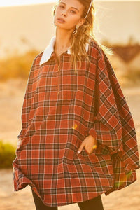 Plaid Poncho With Zipper Contrast Inside Front Pocket