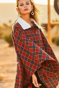 Plaid Poncho With Zipper Contrast Inside Front Pocket