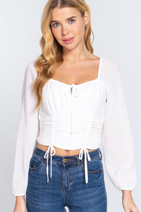 Long Sleeve Front Tied Woven Top With Ruched Detail