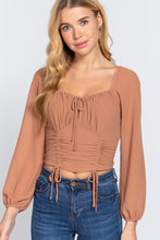 Load image into Gallery viewer, Long Sleeve Front Tied Woven Top With Ruched Detail
