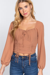 Long Sleeve Front Tied Woven Top With Ruched Detail