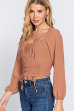 Load image into Gallery viewer, Long Sleeve Front Tied Woven Top With Ruched Detail
