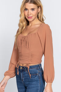 Long Sleeve Front Tied Woven Top With Ruched Detail