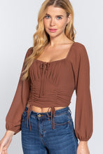 Load image into Gallery viewer, Long Sleeve Front Tied Woven Top With Ruched Detail
