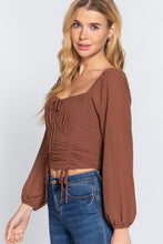 Load image into Gallery viewer, Long Sleeve Front Tied Woven Top With Ruched Detail
