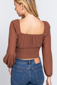 Long Sleeve Front Tied Woven Top With Ruched Detail