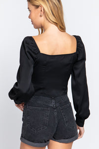 Long Sleeve Sweetheart Neck Front Ribbon-Tie Detail Woven Top