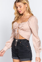 Load image into Gallery viewer, Long Sleeve Sweetheart Neck Front Ribbon-Tie Detail Woven Top
