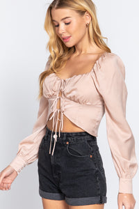 Long Sleeve Sweetheart Neck Front Ribbon-Tie Detail Woven Top