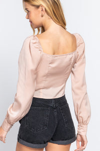 Long Sleeve Sweetheart Neck Front Ribbon-Tie Detail Woven Top