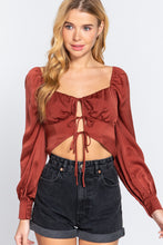 Load image into Gallery viewer, Long Sleeve Sweetheart Neck Front Ribbon-Tie Detail Woven Top
