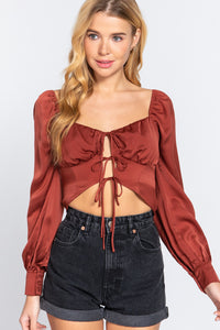 Long Sleeve Sweetheart Neck Front Ribbon-Tie Detail Woven Top