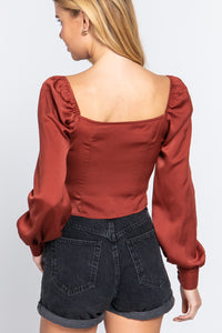 Long Sleeve Sweetheart Neck Front Ribbon-Tie Detail Woven Top