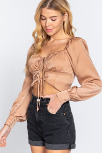 Long Sleeve Sweetheart Neck Front Ribbon-Tie Detail Woven Top