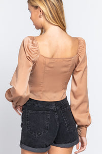 Long Sleeve Sweetheart Neck Front Ribbon-Tie Detail Woven Top