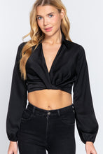 Load image into Gallery viewer, Long Sleeve Notched Collar Front Twisted Detail Crop Woven Top
