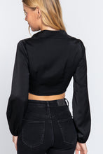 Load image into Gallery viewer, Long Sleeve Notched Collar Front Twisted Detail Crop Woven Top
