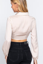 Load image into Gallery viewer, Long Sleeve Notched Collar Front Twisted Detail Crop Woven Top
