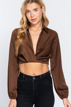 Load image into Gallery viewer, Long Sleeve Notched Collar Front Twisted Detail Crop Woven Top
