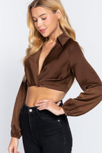 Load image into Gallery viewer, Long Sleeve Notched Collar Front Twisted Detail Crop Woven Top
