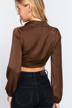 Load image into Gallery viewer, Long Sleeve Notched Collar Front Twisted Detail Crop Woven Top
