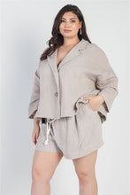 Load image into Gallery viewer, Plus Grey Button-Up Collared Neck Blazer Style Top High Waist Shorts Set
