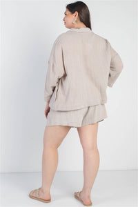 Plus Grey Button-Up Collared Neck Blazer Style Top High Waist Shorts Set