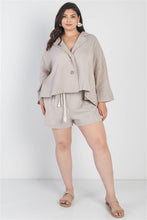 Load image into Gallery viewer, Plus Grey Button-Up Collared Neck Blazer Style Top High Waist Shorts Set
