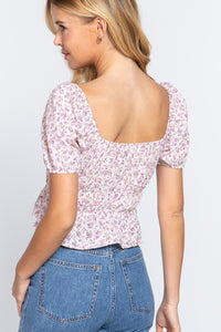 Short Sleeve Shirring Print Woven Top