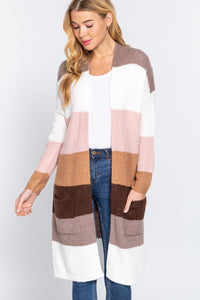 Open Front Color Block Cardigan Mauve/White