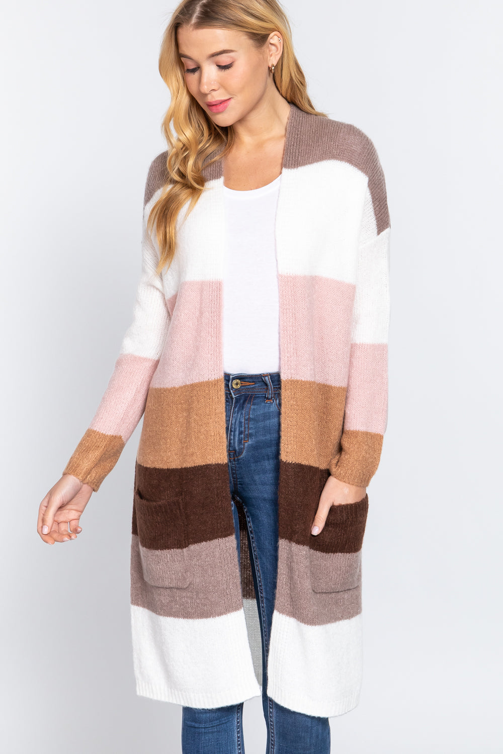 Open Front Color Block Cardigan Mauve/White